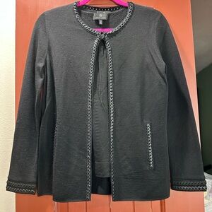 Rena Lange Black Cardigan with Leather Trim 💯virgin Wool